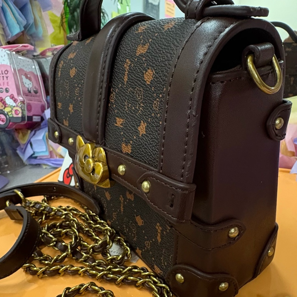 Hello Kitty Brown Monogram Crossbody Satchel with Gold Accent Hardware - Picture 3 of 9